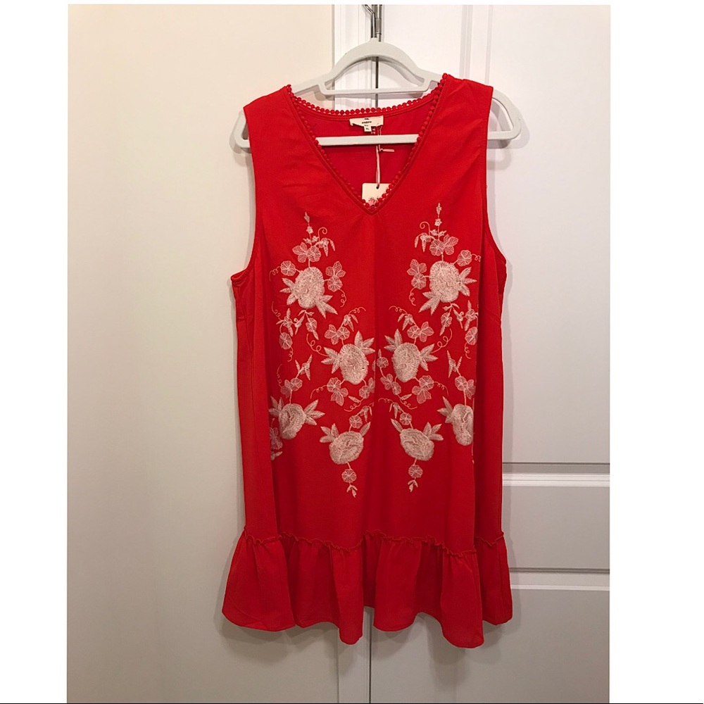Red Orange Embroidered Shift Dress